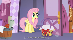 Size: 853x473 | Tagged: safe, screencap, fluttershy, pegasus, pony, g4, season 1, stare master, ei, female, hilton, hub logo, mare, youtube caption