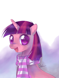 Size: 610x800 | Tagged: safe, artist:pekou, twilight sparkle, pony, g4, clothes, female, mare, open mouth, scarf, solo, striped scarf