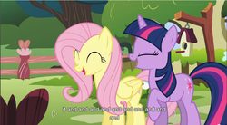 Size: 857x474 | Tagged: safe, screencap, fluttershy, twilight sparkle, pegasus, pony, unicorn, g4, my little pony: friendship is magic, stare master, duo, duo female, eyes closed, female, horn, mare, raised hoof, youtube caption