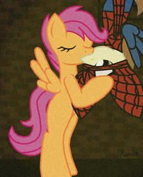 Size: 2480x3072 | Tagged: safe, artist:ningadash, featherweight, scootaloo, pegasus, pony, g4, duo, eyes closed, female, high res, kiss on the lips, kissing, male, parody, ship:scootaweight, shipping, spider-man, spidercolt, straight, upside down kiss