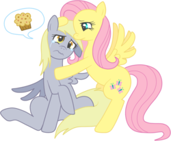 Size: 753x620 | Tagged: safe, artist:arastane-siryphia, derpy hooves, fluttershy, pegasus, pony, g4, comforting, crying, derpyshy, female, lesbian, mare, muffin, sad, sad pony, shipping, simple background, transparent background