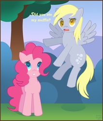 Size: 1330x1559 | Tagged: safe, artist:arastane-siryphia, derpy hooves, pinkie pie, pegasus, pony, g4, dialogue, female, mare, tree