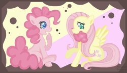 Size: 1449x828 | Tagged: dead source, safe, artist:arastane-siryphia, fluttershy, pinkie pie, earth pony, pegasus, pony, g4, cotton candy, duo, female, mare, mouth hold, raised hoof, sitting, smiling, spread wings, wings