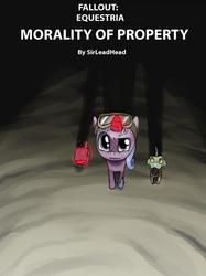Size: 1299x1733 | Tagged: safe, oc, oc only, oc:coin slot, nightstalker, fallout equestria, fallout equestria: morality of property, female, filly, foal, goggles, looking at you, looking up, perspective, pet, title