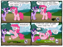 Size: 680x513 | Tagged: safe, artist:kturtle, pinkie pie, twilight sparkle, g4, comic, ei, fourth wall, hub logo, hubble, the hub