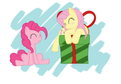 Size: 5442x3769 | Tagged: safe, artist:prozenconns, fluttershy, pinkie pie, g4, abstract background, blushing, duo, eyes closed, present, smiling