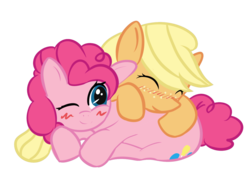 Size: 1516x1053 | Tagged: safe, artist:prozenconns, applejack, pinkie pie, g4, blushing, female, lesbian, ship:applepie, shipping, simple background, transparent background