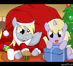 Size: 900x810 | Tagged: safe, artist:ninja-8004, artist:ninjaninjanoob23, derpy hooves, dinky hooves, pegasus, pony, g4, christmas, christmas tree, equestria's best mother, female, holiday, mare, milk, muffin, present, santa claus, tree