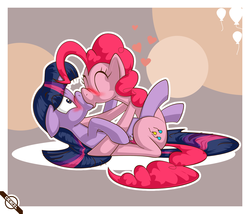 Size: 1400x1200 | Tagged: safe, artist:caencel, pinkie pie, twilight sparkle, earth pony, pony, unicorn, g4, abstract background, blushing, cute, duo, eyes closed, female, heart, kiss on the lips, kissing, lesbian, lying down, mare, on back, outline, ship:twinkie, shipping, shrunken pupils, squishy, surprise kiss, unicorn twilight, white outline