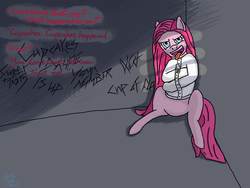 Size: 1600x1200 | Tagged: safe, artist:tlatophat, pinkie pie, earth pony, pony, fanfic:cupcakes, g4, asylum, female, insanity, mare, pinkamena diane pie, solo, straitjacket, tongue out