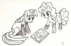 Size: 3080x1980 | Tagged: safe, artist:aqnichols, artist:beechsprout, pinkie pie, twilight sparkle, g4, clothes, monochrome, socks, striped socks, traditional art