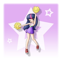 Size: 1350x1350 | Tagged: safe, artist:jdan-s, twilight sparkle, human, g4, armpits, cheerleader, clothes, converse, cosplay, dress, female, humanized, legs, lucky star, shoes, solo