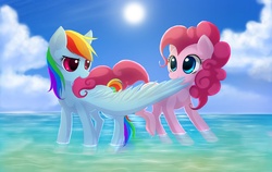 Size: 2442x1548 | Tagged: safe, artist:jacky-bunny, pinkie pie, rainbow dash, earth pony, pegasus, pony, g4, biting, female, lesbian, mare, ocean, ship:pinkiedash, shipping, tail bite, wing bite