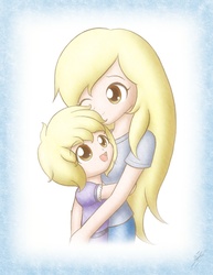 Size: 850x1100 | Tagged: safe, artist:jdan-s, derpy hooves, dinky hooves, human, g4, cute, derpabetes, dinkabetes, equestria's best mother, female, holding, hug, humanized