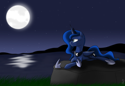 Size: 1600x1100 | Tagged: safe, artist:kyroking, princess luna, alicorn, pony, g4, female, moon, night, prone, solo, water