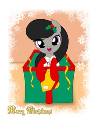 Size: 950x1200 | Tagged: safe, artist:jdan-s, octavia melody, earth pony, pony, g4, box, christmas, clothes, cute, female, holly, leaning, looking at you, open mouth, pony in a box, present, smiling, socks, solo, tavibetes