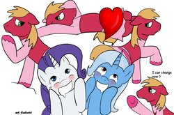 Size: 1000x660 | Tagged: safe, artist:caluriri, big macintosh, rarity, trixie, earth pony, pony, g4, crossdressing, male, stallion