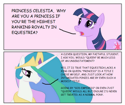 Size: 667x560 | Tagged: safe, princess celestia, twilight sparkle, alicorn, pony, unicorn, g4, duo, female, flowing mane, headcanon, long mane, looking up, mare, talking, tall, text, unicorn twilight