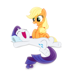 Size: 4000x4000 | Tagged: safe, artist:navitaserussirus, applejack, rarity, earth pony, pony, unicorn, g4, absurd resolution, bellyrubs, female, hatless, lesbian, missing accessory, ship:rarijack, shipping, simple background, tickling, white background