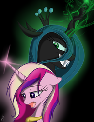 Size: 1050x1350 | Tagged: dead source, safe, artist:kyroking, princess cadance, queen chrysalis, changeling, changeling queen, g4, crown, duo, evil smile, fangs, female, glowing, glowing horn, grin, horn, jewelry, regalia, smiling
