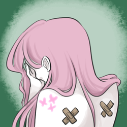 Size: 500x500 | Tagged: artist needed, source needed, safe, fluttershy, human, g4, bandaid, crying, depressing, female, humanized, sad, solo, tattoo