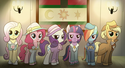 Size: 1600x872 | Tagged: safe, artist:madmax, applejack, fluttershy, pinkie pie, rainbow dash, rarity, twilight sparkle, earth pony, pegasus, pony, fallout equestria, g4, clothes, cowboy hat, fanfic, female, hat, hooves, mane six, mare, ministry mares, open mouth, scar, uniform, wings