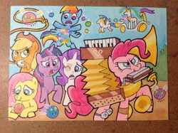 Size: 800x597 | Tagged: safe, artist:shuffle001, applejack, fluttershy, pinkie pie, princess celestia, rainbow dash, rarity, twilight sparkle, alicorn, earth pony, parasprite, pegasus, pony, unicorn, g4, swarm of the century, accordion, chariot, cymbals, female, harmonica, lasso, mane six, mouth hold, musical instrument, one eye closed, open mouth, rope, royal guard, smiling, traditional art, tuba
