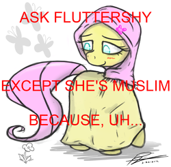 Size: 1280x1256 | Tagged: artist needed, safe, fluttershy, pony, g4, blushing, caption, female, hijab, image macro, islam, islamashy, mare, solo, text