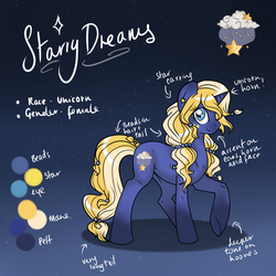 Size: 900x900 | Tagged: dead source, safe, artist:rannarbananar, oc, oc only, oc:starry dreams, pony, unicorn, beads, coat markings, cutie mark, ear piercing, earring, female, gradient background, handwriting, jewelry, mare, piercing, reference sheet, solo, text