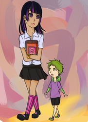 Size: 432x596 | Tagged: safe, artist:cherrychip, spike, twilight sparkle, human, g4, clothes, humanized, skirt