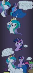 Size: 1136x2490 | Tagged: safe, artist:joey darkmeat, princess celestia, spike, twilight sparkle, g4, colored, comic, cute, cutelestia