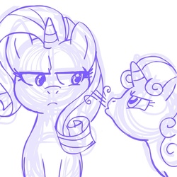 Size: 945x945 | Tagged: source needed, safe, artist:megasweet, rarity, sweetie belle, pony, unicorn, g4, blowing, female, filly, mare, monochrome, simple background, sisters, unamused, white background, you're doing it wrong