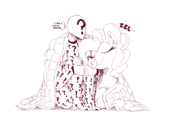 Size: 1400x1050 | Tagged: safe, artist:sunibee, pinkie pie, oc, oc:anon, human, g4, blanket, clothes, cuddling, duo, footed sleeper, monochrome, pajamas, simple background, sketch, sleeping, snuggling, white background, zzz