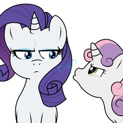 Size: 945x945 | Tagged: dead source, safe, artist:megasweet, artist:wolfnanaki, rarity, sweetie belle, pony, unicorn, g4, blowing, colored, female, filly, mare, simple background, sisters, white background, you're doing it wrong