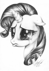 Size: 2189x3173 | Tagged: safe, artist:carlotta-guidicelli, rarity, pony, g4, bust, female, floppy ears, frown, grayscale, high res, monochrome, pencil drawing, portrait, pouting, sad, solo, traditional art