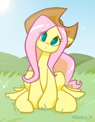 Size: 548x700 | Tagged: safe, artist:astalakio, fluttershy, pegasus, pony, g4, accessory theft, applejack's hat, cowboy hat, female, hat, mare, solo