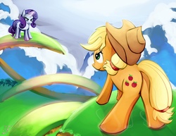 Size: 1100x850 | Tagged: safe, artist:negativefox, applejack, rarity, earth pony, pony, unicorn, g4, butt, female, mare, plot