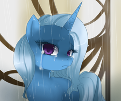 Size: 768x638 | Tagged: dead source, safe, artist:loyaldis, trixie, pony, unicorn, g4, colored pupils, crying, female, looking at you, mare, rain, sad, solo, the sad and depressive trixie, wet mane