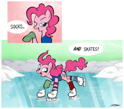 Size: 1000x875 | Tagged: safe, artist:willdrawforfood1, pinkie pie, g4, clothes, ice, ice skates, ice skating, snow, socks, striped socks