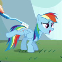 Size: 200x200 | Tagged: safe, edit, edited screencap, screencap, rainbow dash, pegasus, pony, call of the cutie, g4, animated, brush, brushie, derp, female, grass, hoofy-kicks, leg wiggle, mare, mountain, picture for breezies, sky, toothbrush
