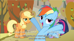 Size: 853x474 | Tagged: safe, screencap, applejack, rainbow dash, spike, twilight sparkle, earth pony, pegasus, pony, fall weather friends, g4, season 1, ei, female, hub logo, logo, mare, the hub, youtube caption