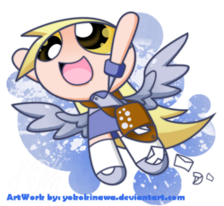 Size: 575x529 | Tagged: safe, artist:yokokinawa, derpy hooves, human, g4, female, humanized, parody, simple background, solo, style emulation, the powerpuff girls, transparent background, winged humanization, wings