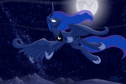 Size: 3600x2400 | Tagged: safe, artist:lunarapologist, princess luna, alicorn, pony, g4, beautiful, female, flying, high res, looking up, mare, moon, night, solo, starry night