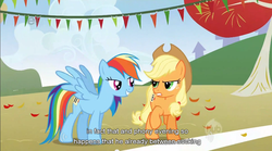 Size: 853x473 | Tagged: safe, edit, edited screencap, screencap, applejack, rainbow dash, earth pony, pegasus, pony, fall weather friends, g4, caption, female, mare, text, youtube caption