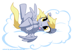 Size: 1430x1080 | Tagged: safe, artist:yokokinawa, derpy hooves, pegasus, pony, g4, :p, cloud, cute, female, legs in air, looking at you, mare, on back, simple background, smiling, solo, spread wings, tongue out, transparent background