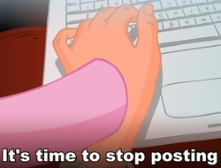Size: 600x457 | Tagged: safe, pinkie pie, earth pony, human, pony, g4, computer, female, hand, hooves, image macro, internet, it's time to stop posting, keyboard, laptop computer, mare, posting
