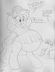 Size: 456x600 | Tagged: safe, artist:badgerben, pinkie pie, rarity, pony, unicorn, g4, bipedal, clothes, dress, female, fetish, hyper pregnancy, mare, pregnant, pregnant expansion