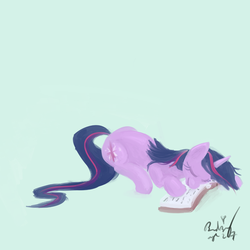 Size: 1000x1000 | Tagged: safe, artist:mylittlebadzerg, twilight sparkle, pony, unicorn, g4, book, eyes closed, female, mare, sleeping, solo, unicorn twilight