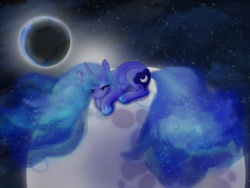 Size: 1000x750 | Tagged: safe, artist:abductionfromabove, princess luna, pony, g4, banishment, eclipse, eyes closed, female, moon, solo, tangible heavenly object