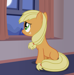 Size: 3177x3189 | Tagged: safe, artist:forsakensharikan, applejack, earth pony, pony, g4, my little pony: friendship is magic, the cutie mark chronicles, blank flank, detailed background, female, filly, foal, high res, sitting, solo